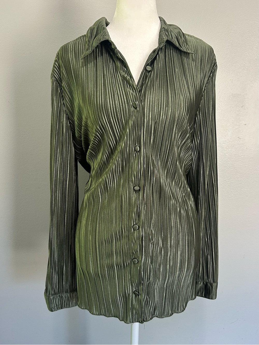 Alison Andrews Plisse Micro Pleated Button-Up Blouse Olive Green